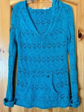 Roxy Turquoise Openwork Knit Hooded Sweater